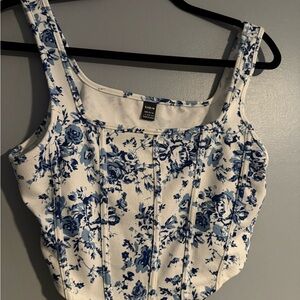 SHEIN White and Blue Floral Tank Top